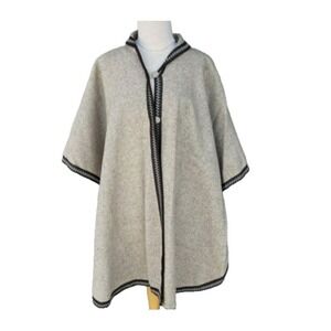 100% Wool Woven Mexican Poncho Natural Button Front OSFM Cream Vintage‎